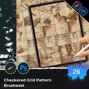 May include: A digital tablet shows a checkered grid pattern with diverse brown textures, likely for digital art brushes. The image includes the text "Checkered Grid Pattern Brusheset Concept" and the number "26". A hand holds a stylus.