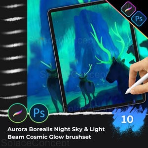 Op de afbeelding: Digitale kunstillustratie op een tablet, met een nachthemel met een noorderlicht en herten. De afbeelding bevat de tekst "Aurora Borealis Night Sky & Light Beam Cosmic Glow brushset" en het nummer "10".