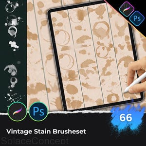 May include: A digital tablet displays a collection of vintage stain brushes. The brushes are various shades of brown, resembling coffee stains and water rings. The text "Vintage Stain Brushes" and the number "66" are also visible.