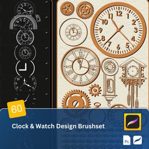 May include: A set of 60 clock and watch design brushes for digital art. The brushes are in a variety of styles, including vintage, modern, and whimsical. The brushes are perfect for creating unique and eye-catching designs.