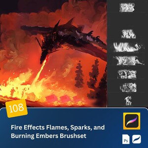 Pode incluir: Uma ilustração digital de um dragão respirando fogo, com um conjunto de 108 pincéis de efeitos de fogo para usar no Adobe Photoshop. Os pincéis incluem chamas, faíscas e brasas.