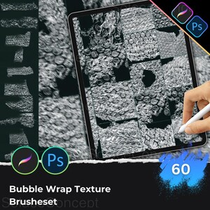May include: A digital art concept featuring a tablet displaying a bubble wrap texture, with a hand holding a stylus. The image includes the text "Bubble Wrap Texture Brushes" and the number "60". Logos for Procreate and Photoshop are also visible.