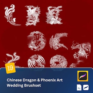 May include: A set of 19 white Chinese dragon and phoenix art wedding brush set. The brushes are in the shape of dragons and phoenixes, and they are arranged in a circle. The background is red.