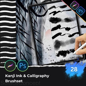 May include: A digital art brush set for Procreate and Photoshop. The image shows a tablet displaying various black ink calligraphy strokes and a watercolor landscape. The text reads "Kanji Ink & Calligraphy Brushset" and "28".