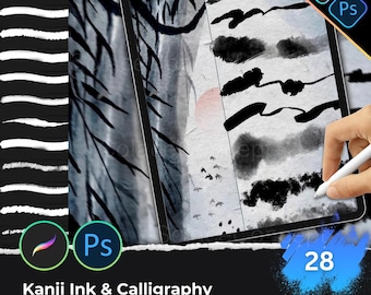 Ink Calligraphy Procreate Photoshop Brushes, Japanese Kanji Brush Strokes, Chinese Painting Ink Splatter Line Art Effects
