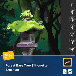 Könnte beinhalten: Ein Set mit über 50 Photoshop-Pinseln zum Erstellen von Silhouetten von kahlen Bäumen im Wald. Die Pinsel wurden entwickelt, um realistisch aussehende Bäume in verschiedenen Formen und Größen zu erstellen. Das Bild zeigt ein Beispiel für die Pinsel, die zum Erstellen einer Silhouette eines Baumes in einer Waldlandschaft verwendet werden.
