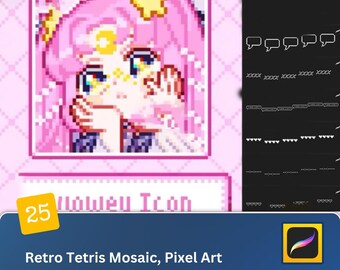 Retro Tetris Mosaic, Pixel Art Procreate & PS Brushset – Create Stunning Game Avatars and Illustrations with Vintage Block Designs Anime