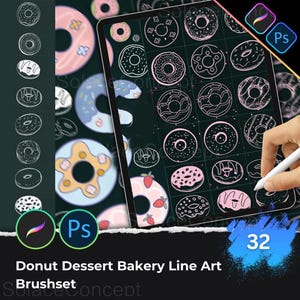 May include: A digital illustration of a donut-themed brush set. The image features a tablet displaying various donut designs in line art style, with pink and white accents. The text reads "Donut Dessert Bakery Line Art Brushset".