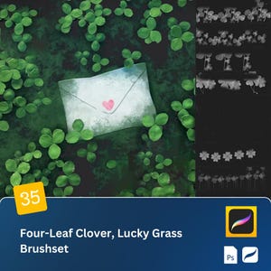 May include: A digital illustration of a set of 35 brushes for creating four-leaf clovers and lucky grass. The image shows a green background with a white envelope with a pink heart on it. The brushes are shown in the right side of the image.