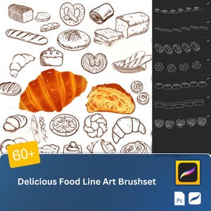 Op de afbeelding: Een set van 60+ lijnkunstpenselen voor Adobe Photoshop met verschillende soorten brood, gebak en andere gebakken producten. De penselen zijn ontworpen om een handgetekende look te creëren voor digitale kunst.