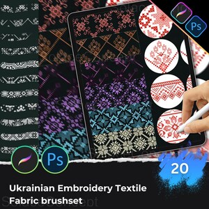 Op de afbeelding: Een digitale kunstpresentatie met Oekraïense borduurtextielpatronen. De afbeelding toont verschillende ontwerpen in rood, wit, blauw en goud, weergegeven op een tablet. De tekst luidt "Ukrainian Embroidery Textile Fabric brushset" met het nummer "20" zichtbaar.