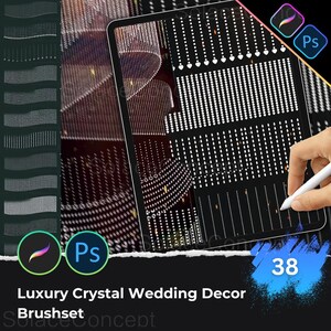 May include: An iPad displaying a digital art design with a stylus. The screen shows a pattern of white dots and lines, with a background of a crystal wedding decor. The image also includes a set of digital brushes and the text "Luxury Crystal Wedding Decor Brushset".