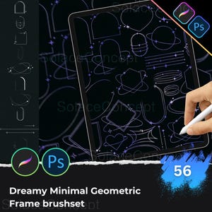 以下が含まれることがあります： デジタルタブレットには、紫色のミニマルな幾何学的なフレームデザインのコレクションが表示され、手はスタイラスを使用しています。画像には「Dreamy Minimal Geometric Frame brushset」というテキストと数字の「56」が含まれています。 PhotoshopとProcreateのアイコンも表示されています。