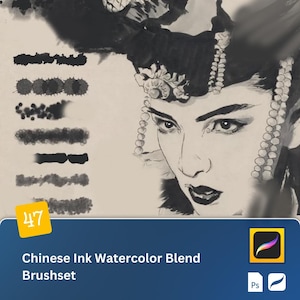 May include: A set of 47 Chinese ink watercolor blend brushes for digital art. The brushes are designed to create realistic ink and watercolor effects. The image shows a woman with a traditional Chinese headdress, painted in a style that resembles the brushes in the set.