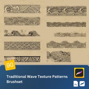 Traditional Chinese Wave Texture Patterns Procreate & PS Brushset, Elegant Sea Foam Ocean Wave Designs for iPad Illustration and Digital Art