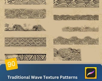 Traditional Chinese Wave Texture Patterns Procreate & PS Brushset, Elegant Sea Foam Ocean Wave Designs for iPad Illustration and Digital Art