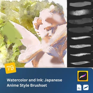 Op de afbeelding: Een set van 79 aquarel- en inktpenseelen in Japanse anime-stijl. De penseelen zijn ontworpen voor gebruik in Adobe Photoshop en worden getoond in verschillende maten en vormen.