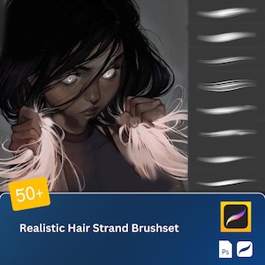 May include: A digital illustration of a woman with dark hair and white eyes. She is holding strands of hair in her hands. The image is accompanied by a text overlay that reads "50+ Realistic Hair Strand Brushset" and includes icons for Photoshop and Procreate.
