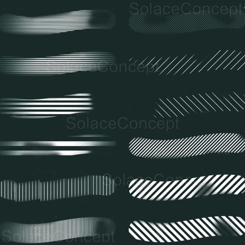 May include: A dark teal background features multiple white, horizontal and diagonal, striped brushstroke designs. The brushstrokes vary in width and density, creating a dynamic visual effect. The text "SolaceConcept" is visible in the image.