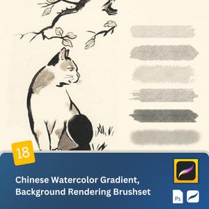 Puede incluir: Un conjunto de 18 pinceles de degradado de acuarela china para el renderizado de fondo. Los pinceles están diseñados para su uso en Adobe Photoshop y Procreate. La imagen muestra un gato sentado debajo de una rama de árbol, con una serie de pinceladas en diferentes tonos de gris.