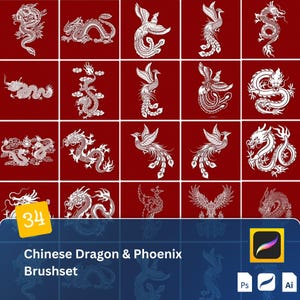 Könnte beinhalten: Ein Set mit 34 digitalen Pinseln mit weißen chinesischen Drachen- und Phönix-Designs auf rotem Hintergrund. Die Pinsel sind in den Formaten Photoshop, Illustrator und Procreate verfügbar. Der Text "Chinese Dragon & Phoenix Brushset" wird am unteren Rand des Bildes angezeigt.
