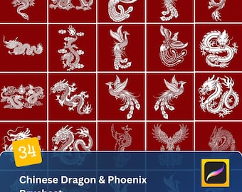 Traditional Chinese Dragon Phoenix Procreate Brush Set - Good Fortune Patterns & Vector Art for Classic Asian Designs