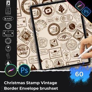 May include: A digital art set featuring vintage Christmas-themed stamps. The stamps include festive designs like Christmas trees, envelopes, and holiday greetings. The image also shows the Procreate and Photoshop icons, and the number 60.
