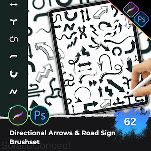Puede incluir: Una tableta digital que muestra una colección de flechas direccionales y señales de tráfico negras. La imagen incluye el texto "Directional Arrows & Road Sign Brushset" y el número "62". Se ve una mano con un lápiz óptico.