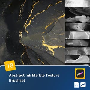 Op de afbeelding: Een abstract digitaal kunstwerk met een zwarte en gouden marmertextuur. De afbeelding heeft een donkere achtergrond met gouden aderen en de tekst "Abstract Ink Marble Texture Brushset". Een gele vierkant met het nummer 78 staat in de hoek.