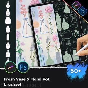 May include: Digital illustration of vases and floral pots on a tablet screen. The image shows a variety of vase designs and floral arrangements. The text "Fresh Vase & Floral Pot Brushset Concept" is at the bottom, with "50+" in the corner.
