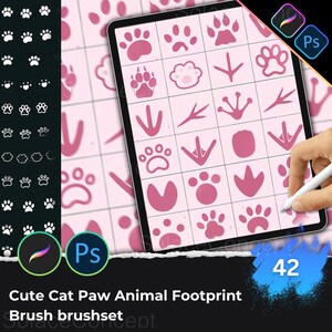 以下が含まれることがあります： さまざまなピンクの色合いで、42種類の可愛い猫の足跡と動物の足跡のデザインが施されたデジタルブラシセット。画像には、ブラシセットが表示されたタブレットが含まれており、「Cute Cat Paw Animal Footprint Brush brushset」というテキストが表示されています。