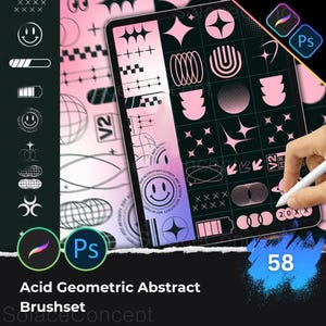 May include: A digital art brushset with a variety of geometric and abstract shapes in pink and white. The image shows a tablet displaying the brushes, with a stylus. The text on the image reads "Acid Geometric Abstract Brushset" and "58".