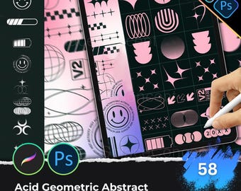 May include: A digital art brushset with a variety of geometric and abstract shapes in pink and white. The image shows a tablet displaying the brushes, with a stylus. The text on the image reads "Acid Geometric Abstract Brushset" and "58".