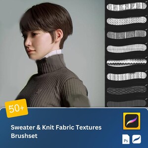 May include: A set of 50+ digital brushes for creating sweater and knit fabric textures. The brushes are designed for use in digital art programs such as Procreate and Photoshop. The image shows a variety of knit textures, including cable knit, rib knit, and Aran knit.