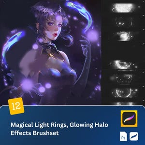 12 Magical Light Rings, Glowing Halo Effects Procreate and PS Brushset Dreamy Moons, Stars, and Glowing Aura for iPad Illustration