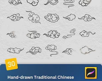 May include: A set of 30 hand-drawn traditional Chinese cloud patterns for use as brushes. The image shows a variety of cloud shapes in black ink on a white background. The text "30" is in a yellow box at the bottom left of the image. The text "Hand-drawn Traditional Chinese Cloud Patterns Brushset" is below the image. The text "Ps" is in a blue box at the bottom right of the image.