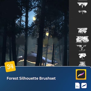 May include: A set of 34 forest silhouette brushes for use in digital art programs. The brushes are shown in a dark forest scene with a moon and a whale silhouette. The brushes are designed for use with Adobe Photoshop and Procreate.