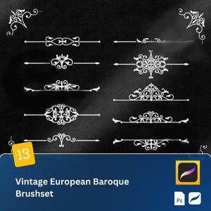 Puede incluir: Un conjunto de 13 pinceladas blancas de estilo barroco europeo vintage sobre un fondo negro. Las pinceladas son ornamentadas y decorativas, y serían perfectas para agregar un toque de elegancia a cualquier proyecto de diseño.