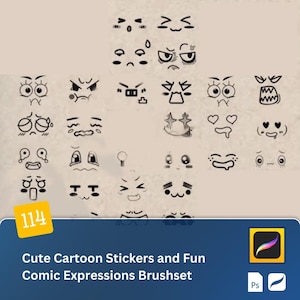 Cute Cartoon Stickers and Fun Comic Expressions Procreate Brush Set for iPad: Adorable Decals, Fun Emoticons, and Small Decorative Elements