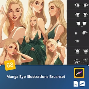 May include: A set of 68 manga eye illustrations for digital art. The illustrations are in black and white and feature a variety of eye shapes and expressions. The set is designed for use with Procreate.