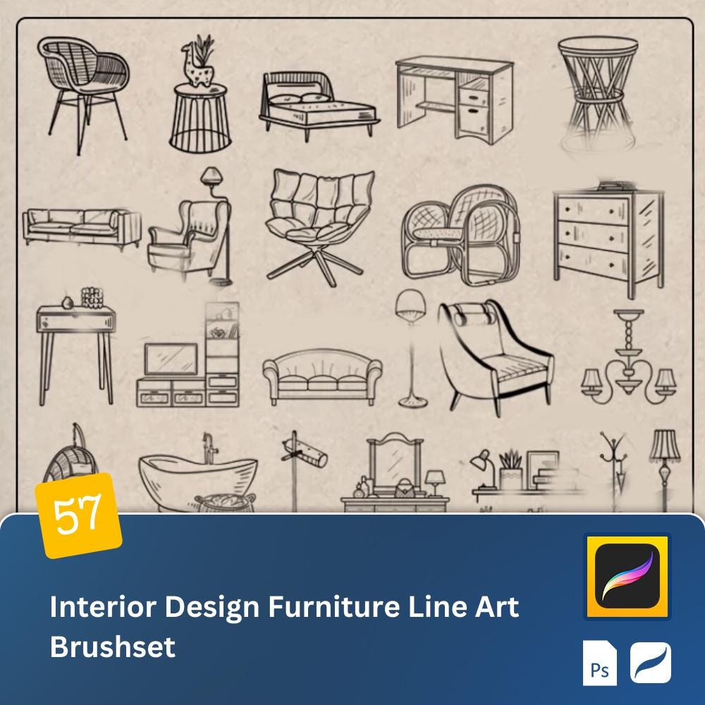 Pinceles de diseño de interiores arquitectónicos para Procreate y Photoshop – Sellos de line art de mobiliario: sofás, camas, iluminación