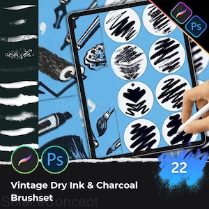 May include: A digital art illustration of a tablet displaying various ink and charcoal brushstrokes. The tablet is held by a hand with a stylus. The image includes the text "Vintage Dry Ink & Charcoal Brushset" and the number "22".