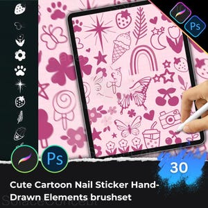 May include: A digital tablet displays a pink pattern of cartoon elements, including butterflies, stars, and ice cream cones. The text "Cute Cartoon Nail Sticker Hand-Drawn Elements brushset" is at the bottom. A hand holds a stylus near the screen.
