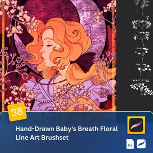 Puede incluir: Un conjunto de 38 pinceles de arte de línea floral Baby's Breath dibujados a mano para arte digital. Los pinceles se muestran en uso en una ilustración digital de una mujer con cabello largo y rubio, vistiendo un vestido morado y un collar de perlas. La ilustración está sobre un fondo rojo y negro con una luna creciente.