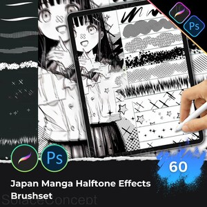 May include: A digital tablet displaying manga halftone effects, with a hand holding a stylus. The screen showcases various brushstroke patterns, stars, and crosshatch designs. The text reads "Japan Manga Halftone Effects Brushset" and "60".