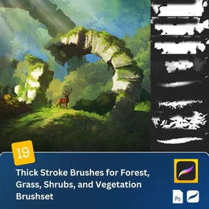May include: Digital art brush set with thick strokes for forest, grass, shrubs, and vegetation. The image shows a forest scene with a deer and an archway. The brush set includes various brush styles for digital painting.