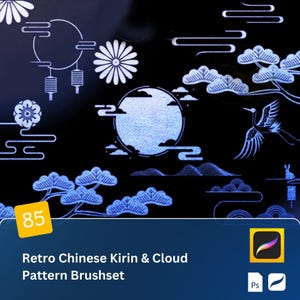 May include: A digital art graphic with a black background and blue and white illustrations of clouds, a full moon, and a crane. The text reads "Retro Chinese Kirin & Cloud Pattern Brushset". The number "85" is in a yellow box.