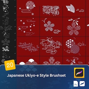 Könnte beinhalten: Ein Set mit 20 japanischen Pinseln im Ukiyo-e-Stil für Procreate und Photoshop. Die Pinsel zeigen traditionelle japanische Designs, darunter Wellen, Wolken, Blumen und geometrische Muster. Die Pinsel sind perfekt zum Erstellen von Illustrationen, Mustern und Hintergründen.