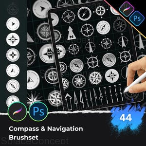 May include: A digital art illustration of a tablet displaying a compass and navigation brushset. The screen shows various compass designs in white against a black grid. The text "Compass & Navigation Brushset" is visible, along with the number "44".