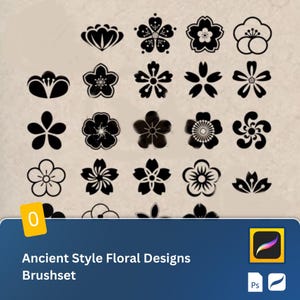 May include: A set of 25 black and white floral brush designs in an ancient style. The designs are perfect for adding a touch of elegance to your digital art.